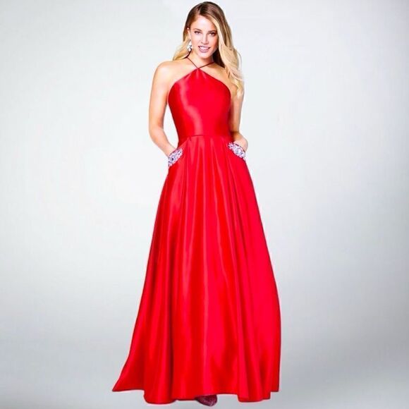 Blondie Nites Red Satin Halter & Gem Pockets Prom Evening Dress Gown Sz 11 - Picture 2 of 8